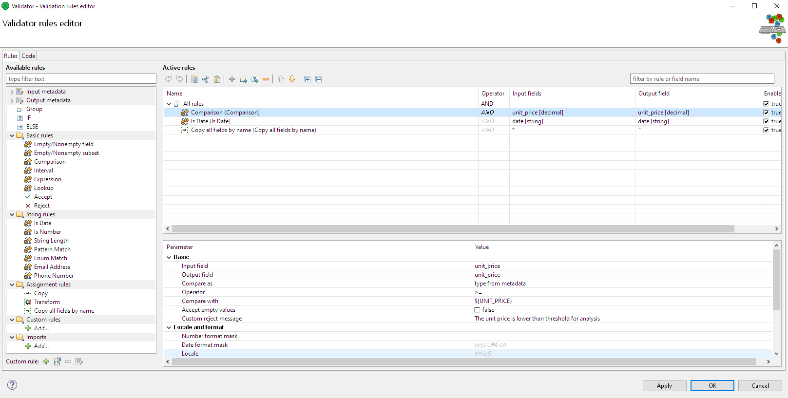Validator component configuration dialog