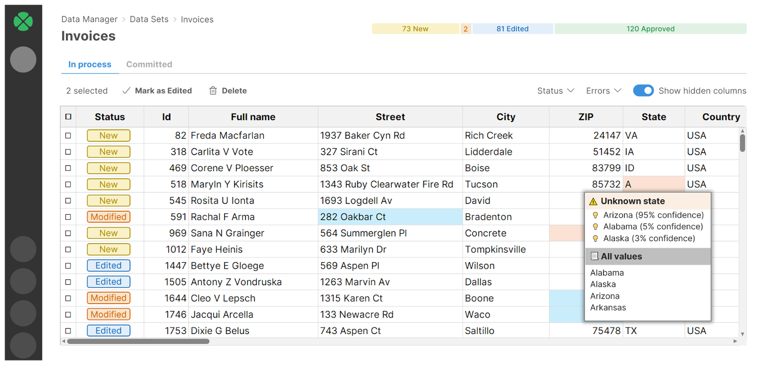 data manager - correction suggestions