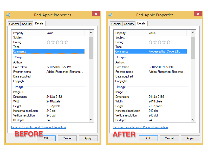 Image metadata manipulation - before and after