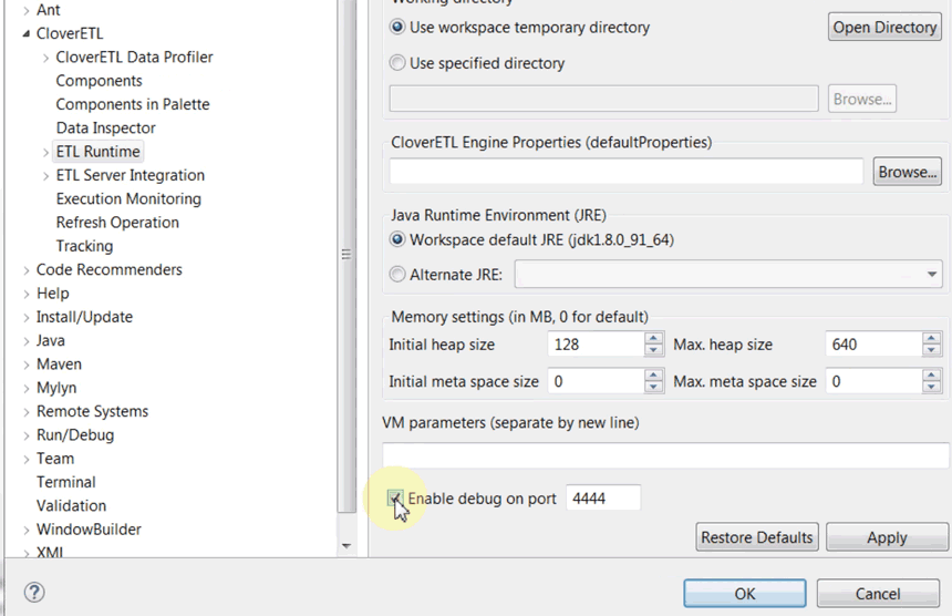 Code debugging: Enable Java debugging in CloverDX Designer's preferences