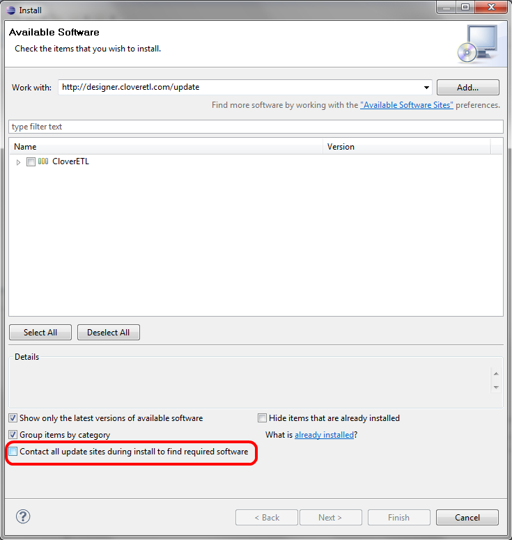 Contact all update sites checkbox - Plugins in Eclipse