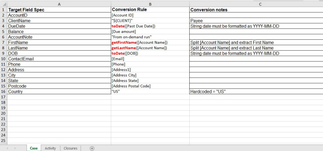An Excel file to manage data mapping rules