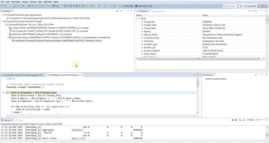 CloverDX code debugging perspective
